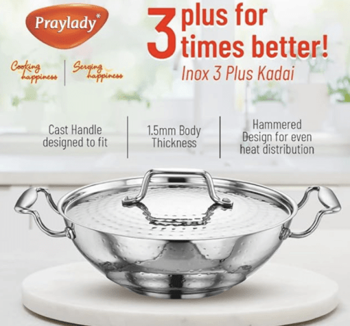 Praylady INOX 3+ Series Kadai - 26CM | 3.0 litres | Kadhai Extra Deep | Hammered Stainless Steel Kadai with SS Lid | Flat Induction Bottom Kadai | Induction & Gas Stove Friendly | Silver - Image 2